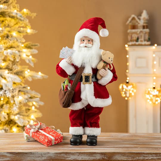 Glitzhome® 18" Faux Fur Christmas Mail Santa Figurine